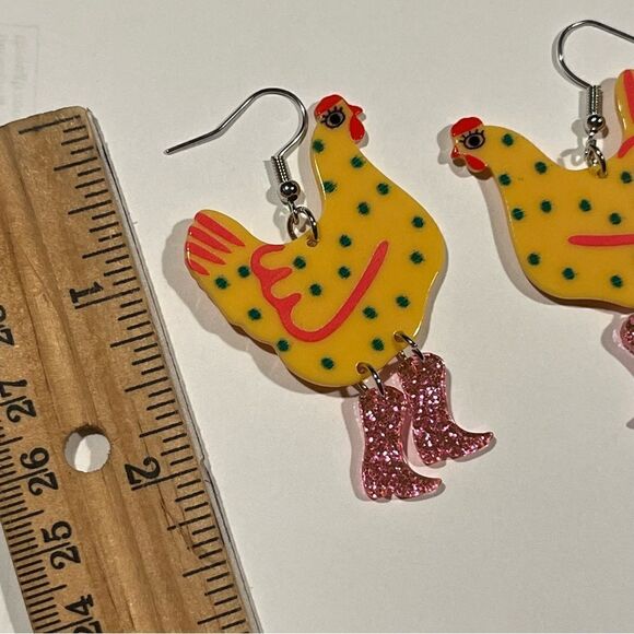 Fun Lightweight Chicken Earrings Lime Green, Pink & Gold Funky - Picture 3 of 3